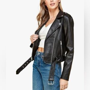 Faux Leather Zip Up Moto Biker Jacket -black